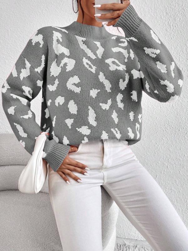Leopard Print Jacquard Round Neck Women's Knit Sweater - Fashionable Spring & Autumn Pullover
