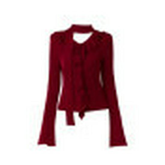 Retro Spicy Girl Ruffle Ribbon Knit Top: Autumn Fashion Slimming Design with Bell Sleeves