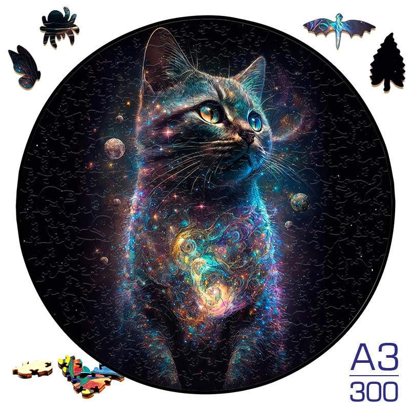 Non-Toxic Interstellar Wooden Puzzle Painted Black Cat Animal Wood Puzzles Round Shaped Jigsaw Puzzle Best Gift For Kid Funny Toy