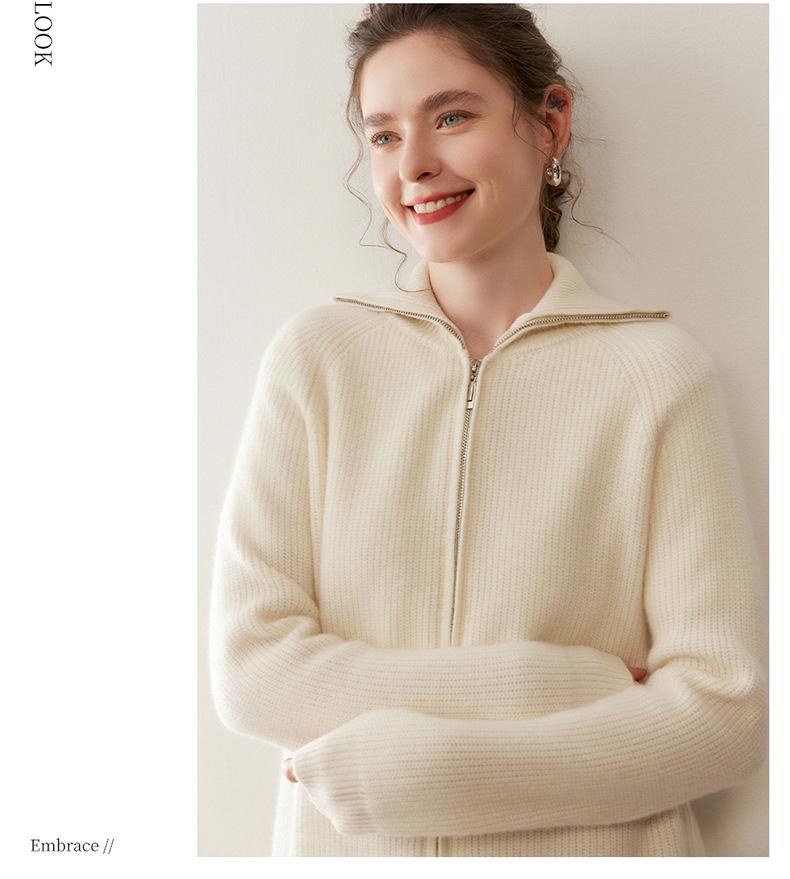 Women's Retro Cashmere Stand Collar Cardigan - Double Zipper, Long Sleeve, Age-Reducing Base Layer Top