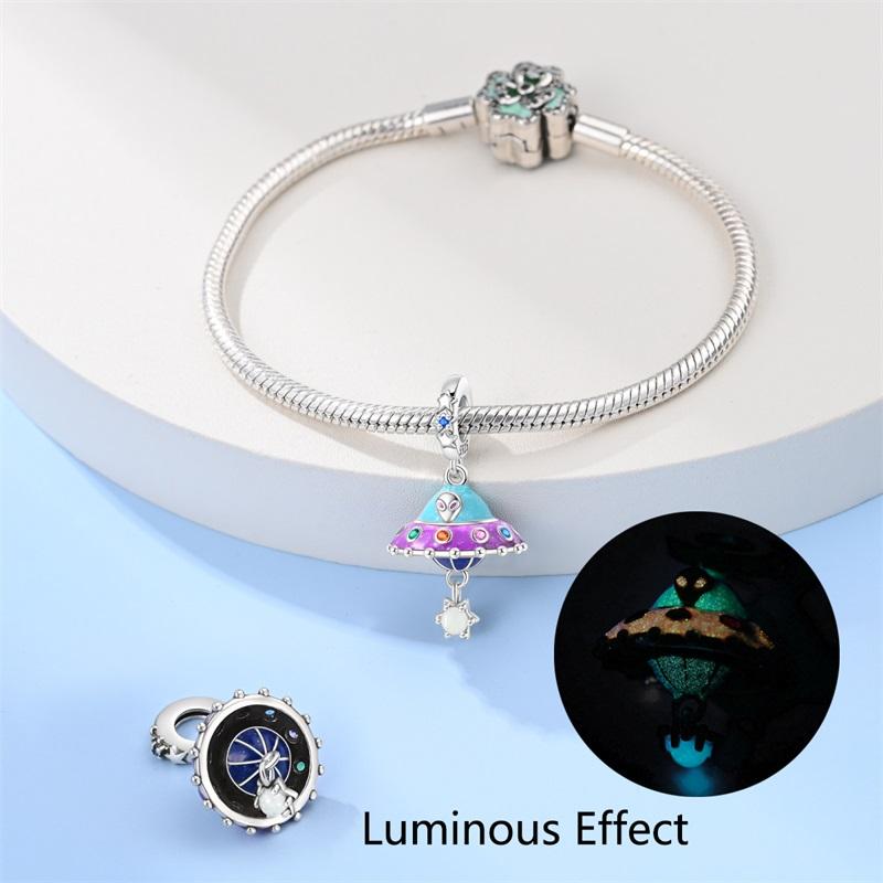 925 Silver Color Luminous Planet Spacecraft Astronaut Firefly Charms Beads Fit Qikaola 925 Bracelets DIY Christmas Jewelry Gifts