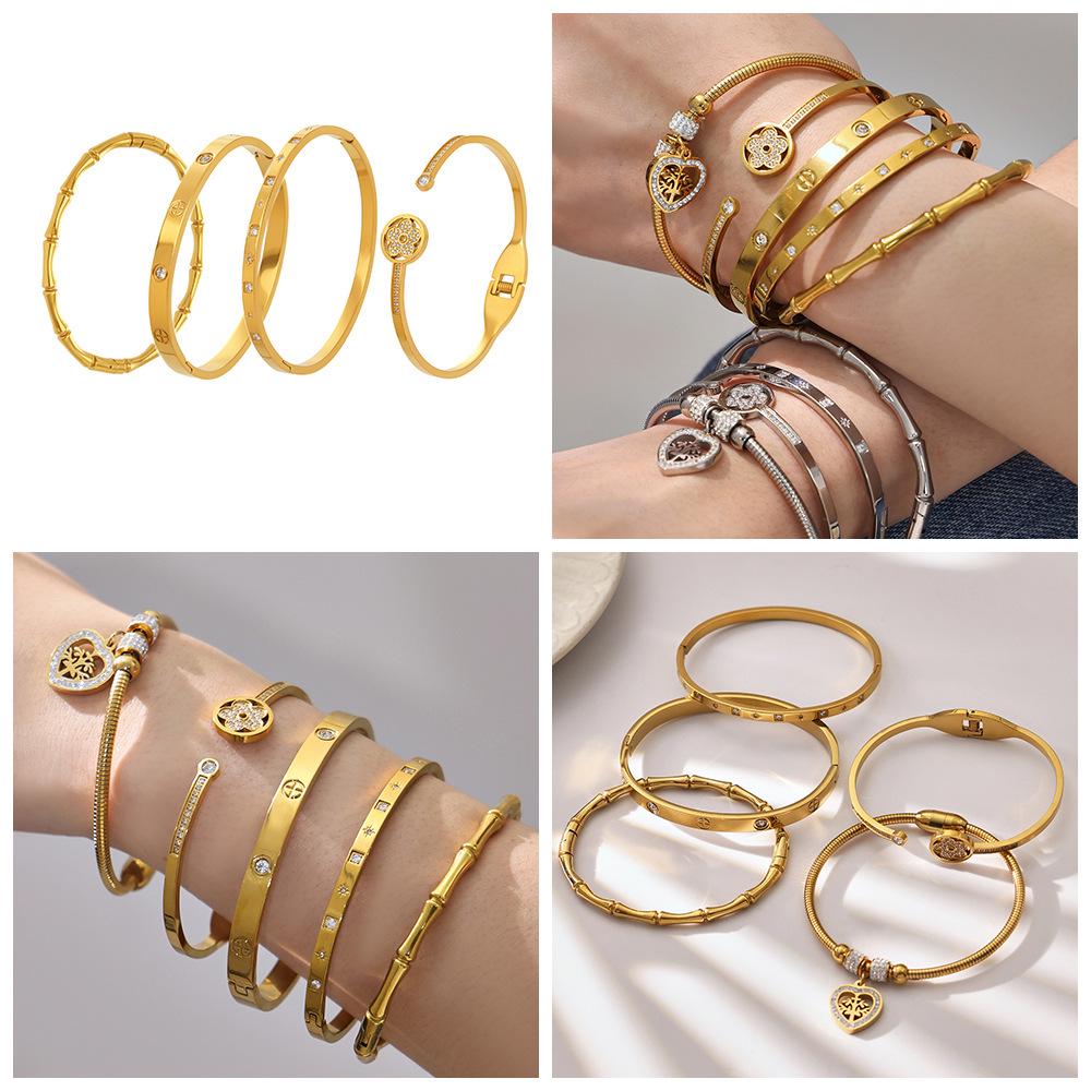 18k Gold-Plated Zircon Bamboo Bracelet Set: Geometric, European & American Style