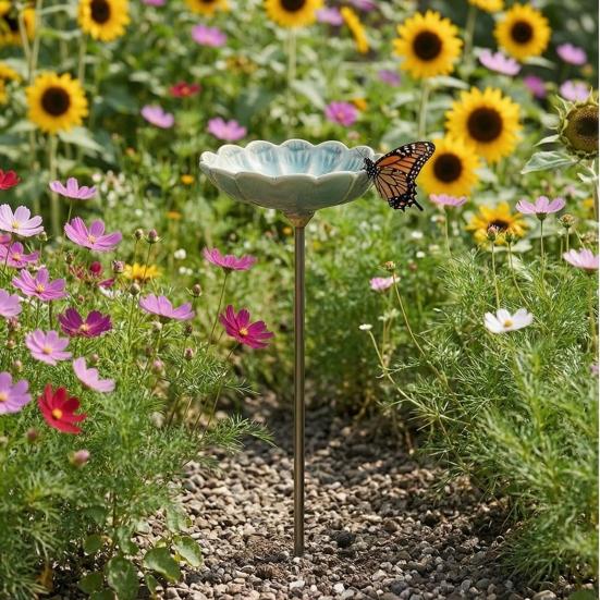 Ceramic Flower Bee Feeder, Garden Bee Watering Station, Outdoor Decorative Butterfly Cup for Thirsty Pollinators Patio Yard Decor