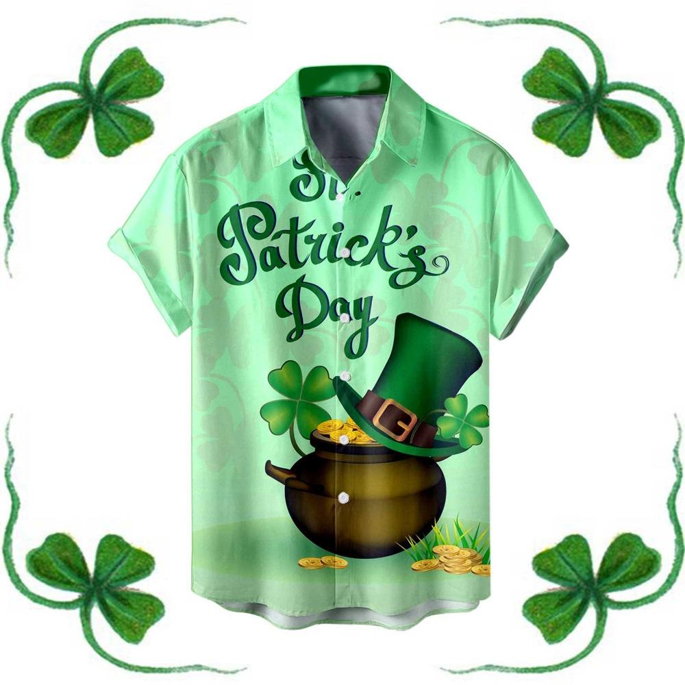Saint Patrick Mens Shirt Festive Green Shamrock Print Lapel Short Sleeved Shirt Vintage Solid Shirts Cardigan Men's Blouses