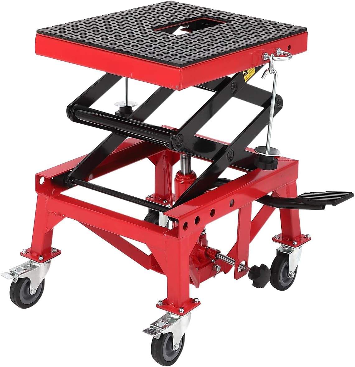 

Heavy Duty Hydraulic Motorcycle Lift Jack, Scissor Stand with Foot Operation, 4 Wheels, Lifting Range 13.78-34.25 Inches червоний