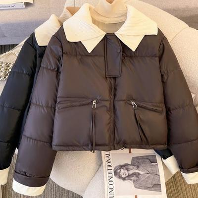 2025 Knitted Lapel Short Down Cotton-padded Jacket for Women's Winter New PU Leather Splicing Cotton-padded Jacket