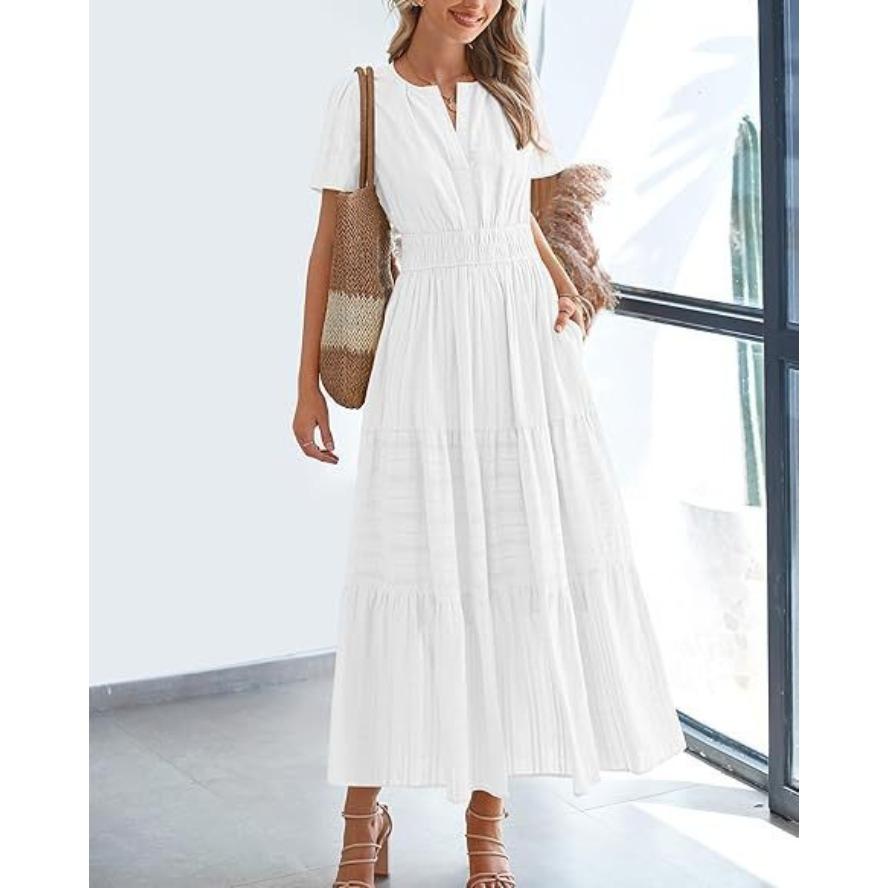 VEZFAA Women's Fashion Summer Spring Solid Color Print Short Sleeve V-Neck High Waist Casual Dresses