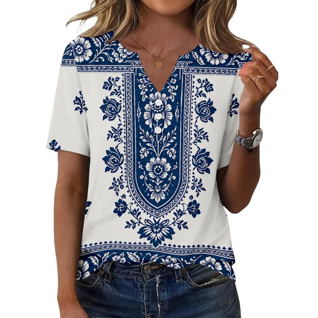 Women's Casual Floral Print V-Neck Short Sleeve T-Shirt Top with Decorative Buttons for Everyday Wear