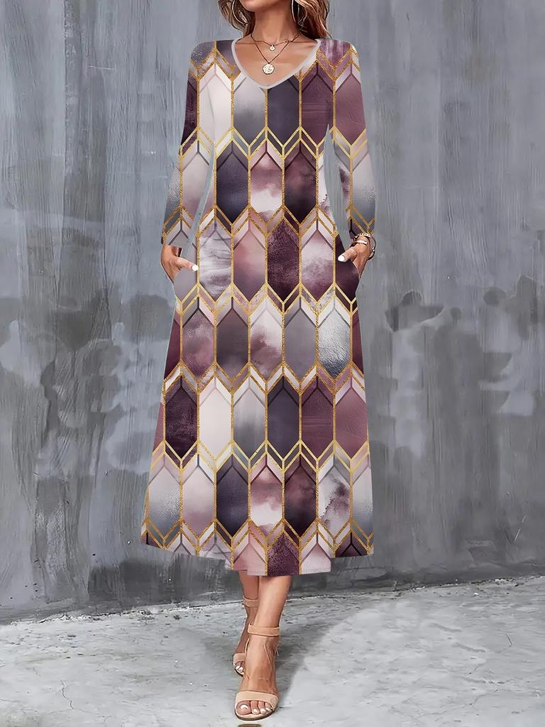 2025 Autumn and Winter New Women Casual Fashion Dress Autumn 3D Geometric Pattern Print Long Sleeve V-Neck A-Line Dresses
