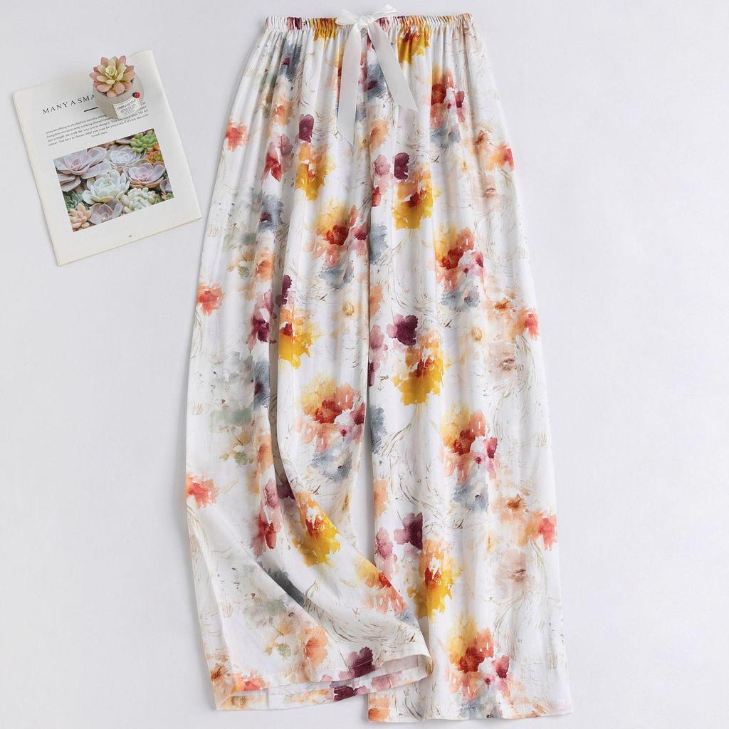 Women's Floral Cotton Silk Pajama Pants, Mosquito Repellent, Outdoor & Home Wear, Plus Size, Lightweight Summer Style.