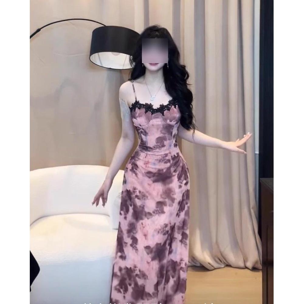 Casual printed suspender dress with chest pad temperament waist temperament thin holiday style floral dress