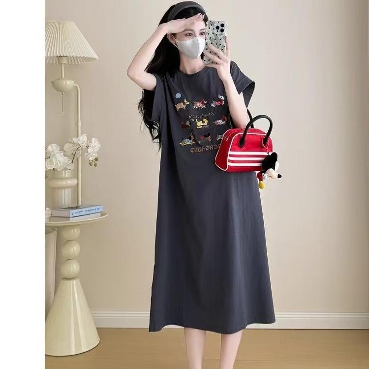 New Large-sized Maternity Wear for Summer, Korean Style Loose Mid-length Dress, Summer Cartoon Slit T-shirt Dress