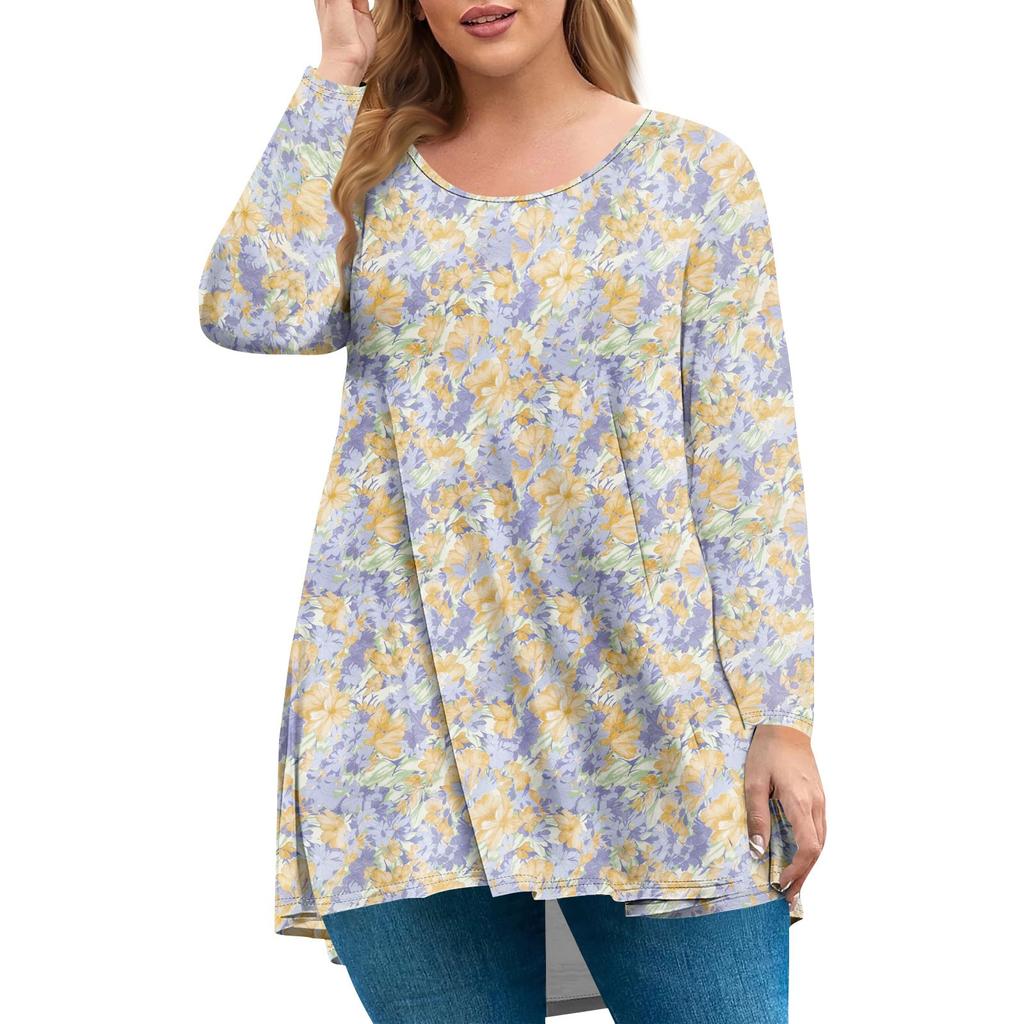 Women's Plus Size Top, Garden Collar Long Sleeved Shirt, Fashionable Floral Print Casual Top