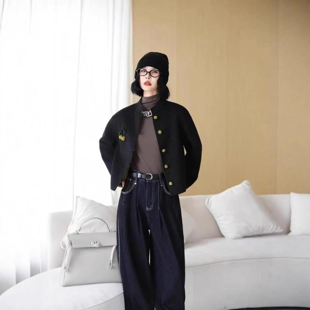 2025 Chinese Style Double-Sided Wool Coat for Women - Short, Elegant, Modern Design for Petite Frames