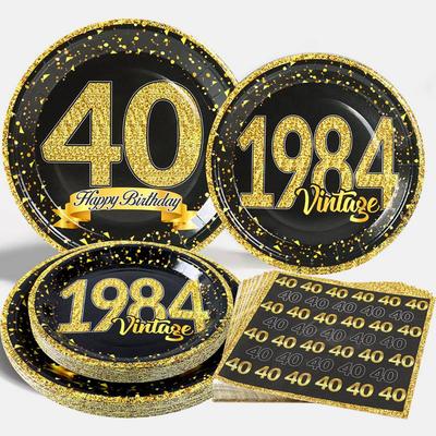 40th Birthday Party Black Gold Tableware Happy 40 Birthday Party Decorations Adults Parents Tablecloth Paper Plates Cups Napkin