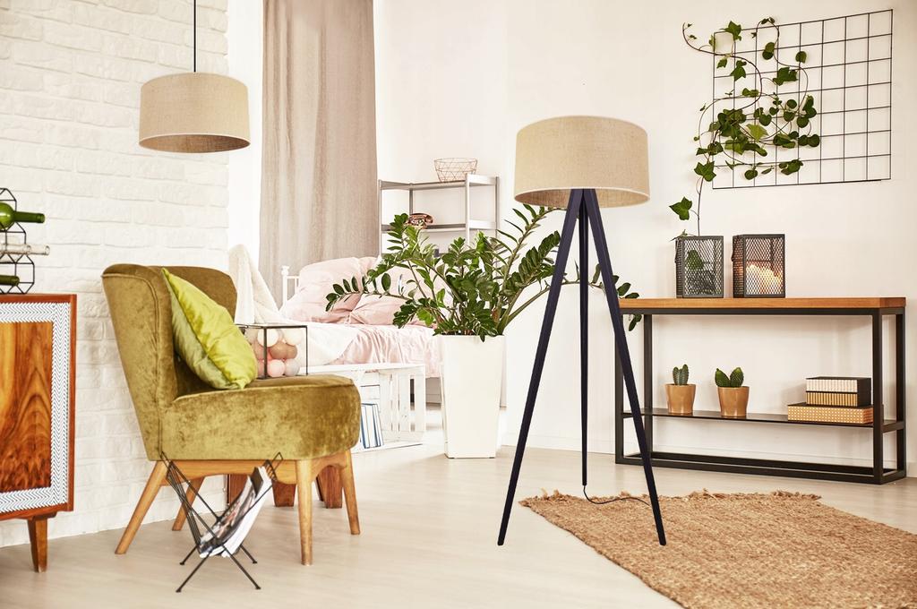 Floor Lamp Standing Tripod Wooden Lampshade 45Cm