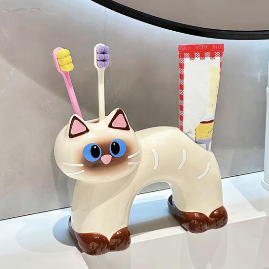 Toothbrush Holder, Cat Shape with Drain Port, Mold-Resistant Double-Hole Ceramic Organizer for Bathroom Accessory