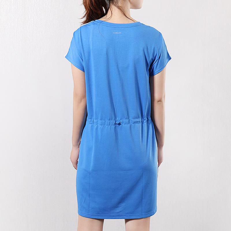 Adidas Neo Three Stripe Sport Waist Cinched Loose Short Sleeve Dress Women Dresses Blue DW7787