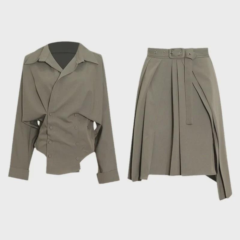 2025 Korean Women's Fashion: Irregular Solid Color Lapel Shirt + Short Skirt Suit