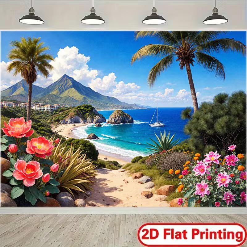 

2D Beach Backdrop Coastal Mountain Scenery Summer Vacation Party Background 47.2x31.5inch/120*80cm