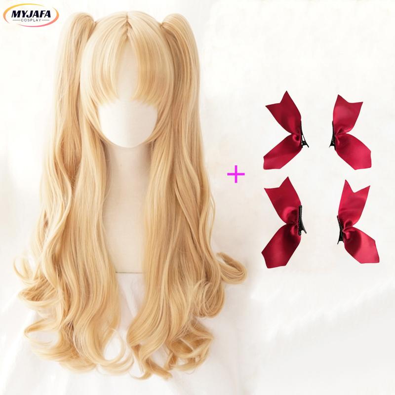 Ereshkigal Cosplay Wig Game Irkalla Ereshkigal Blonde Curly Ponytails Heat Resistant Synthetic Hair Halloween Wigs + Wig Cap