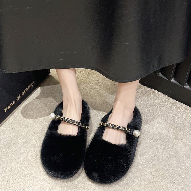Flat bottom Mary Jane casual fluffy slippers women's winter new warm home plush bag head cotton mop