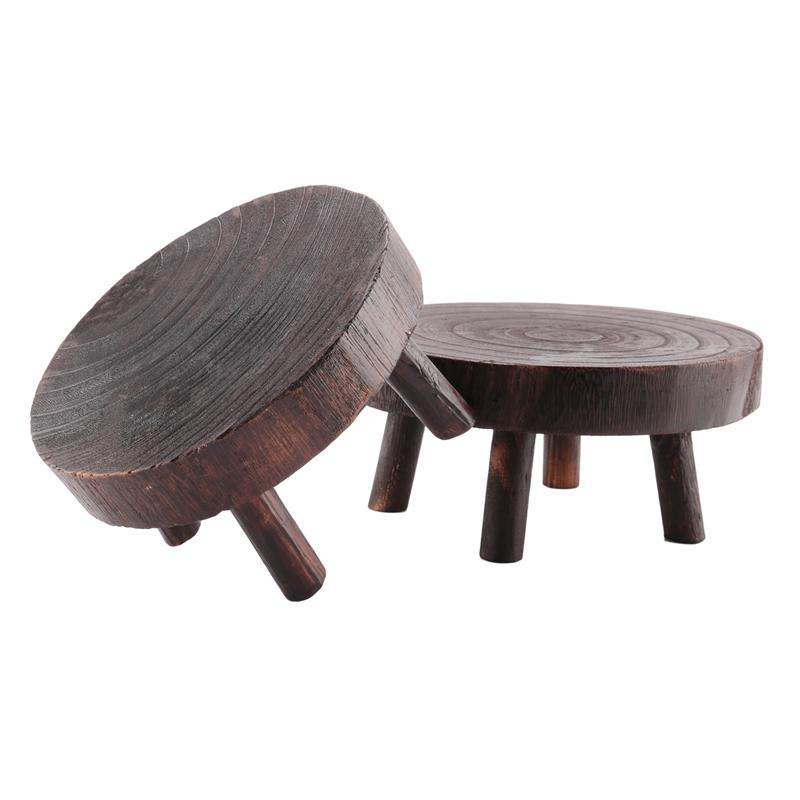 Good-2Pcs Mini Wooden Stool Flower Display Stand, Potted Plant Shelf Bonsai Rack, Vintage Wood Grain Garden Plant Pot Stand