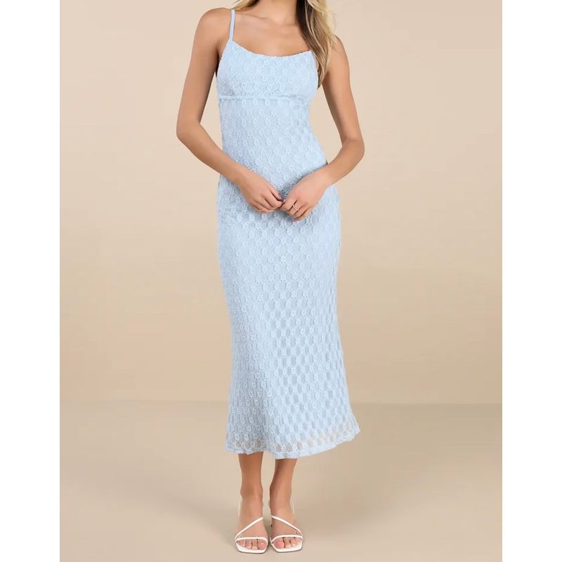 

Foreign Trade Order French style Tihua Fairy Sling Square Collar Slim fit Waist Hugging Sheath Dress Attractive Atmosphere Full Open Long dress Light Blue S