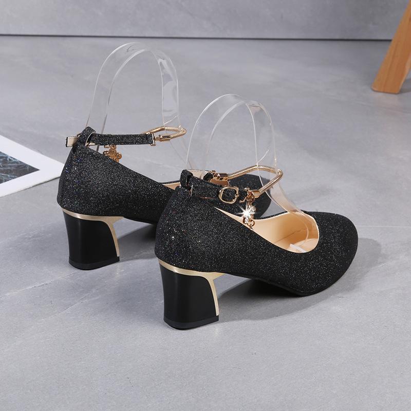 Mom Shoes Thick Heel Medium Heel Shallow Mouth Women's Single Shoes Spring New Women's One-word Buckle Fashionable Metal Decorative Women's Shoes