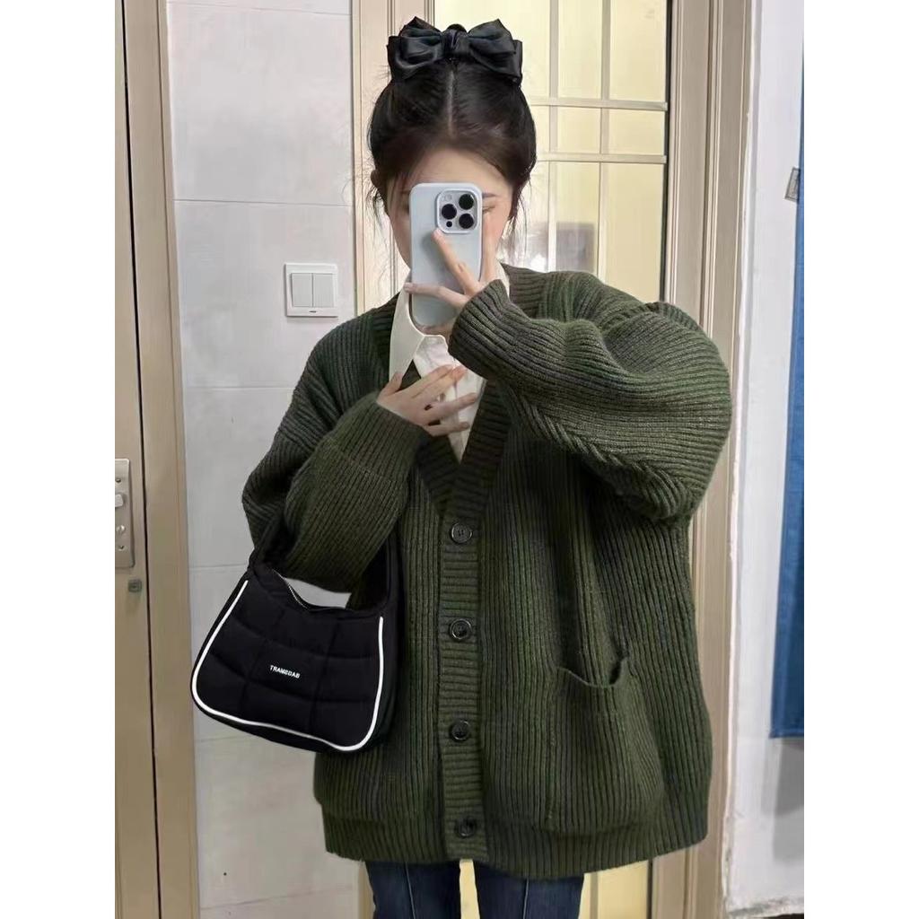 Korean V-neck Lazy Style Cardigan, Japanese Minimalist Sweater, Women's Spring, Autumn, Winter Casual Loose Knit Sweater