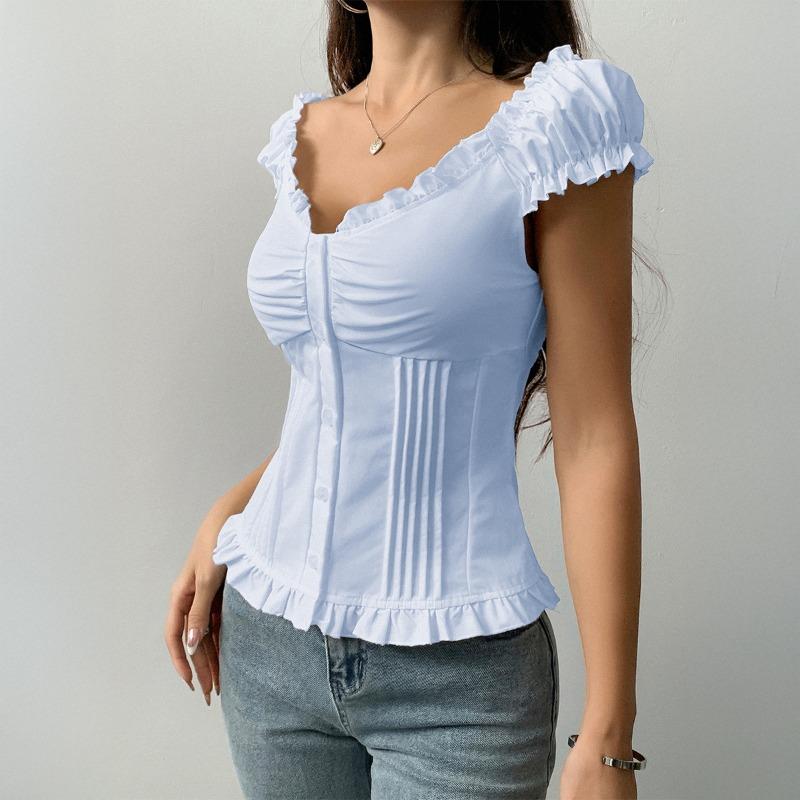 Summer Short Sleeved Rufffled Women Vest Sweet Slim Fit Blouse Solid Color Simple Pleated V Neck Shirts Fashion Elegant Women's Clothing