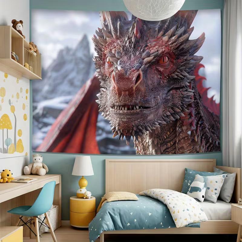 2D Red Fire Dragon Fantasy Wall Tapestry Ice Snow Mountain Scene Wall Hanging for Bedroom Living Room Home Decor