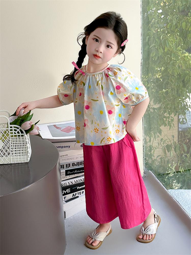 Girls' summer outfit set 2026 new stylish baby summer short sleeved wide leg pants two-piece set children's clothing