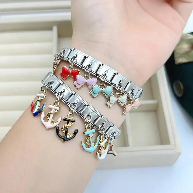 NEW Popular Bow Anchor Pendant Elastic Charm Italian Links Fit 9mm Modular Bracelet Making DIY Jewelry Bulk
