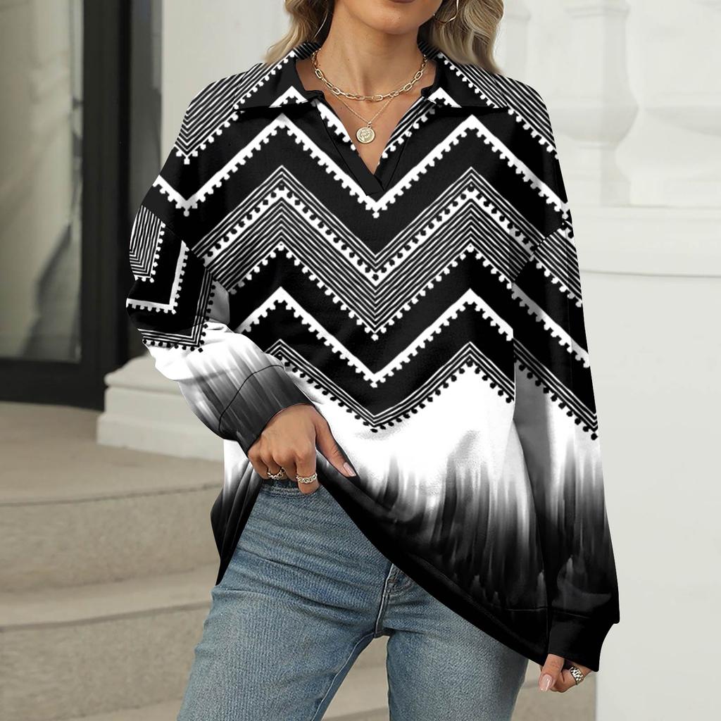 Women's Summer Fashion Casual  Printed V-Neck Long Sleeve Shirt Top