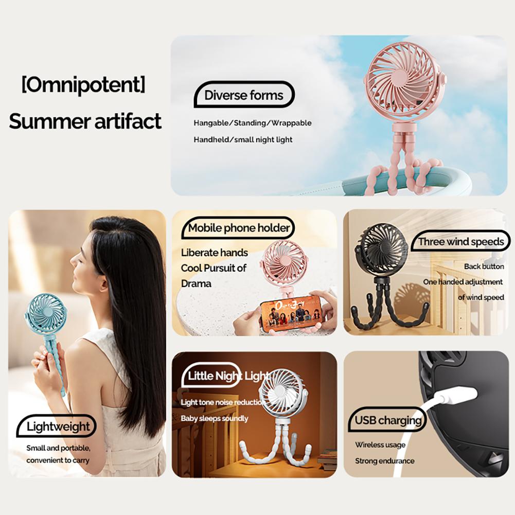 Portable Rechargeable 3-speed Fan Baby Stroller Bed Mute Fan Variable Base Octopus Mini Fan Office Desktop Hands Free Fan