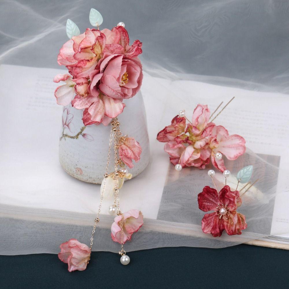 New Artificial Flower Floral Hairpin Forks Tassel Vinatge Hanfu Hair Accessories Chinese Style Multicolor Hair Clip Fork Hanfu