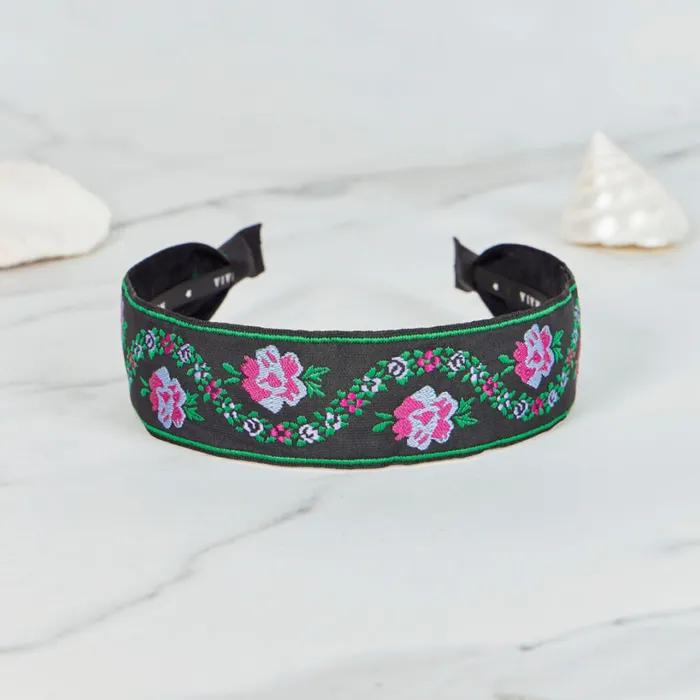 Maia Pearl Flower Jacquard Hairband A - Plain Green