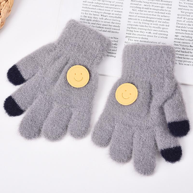 

Children s Winter Smiley Face Fleece-Lined Knit Gloves - Warm, Thickened Five-Finger Design for Outdoor Sports. One Size серый
