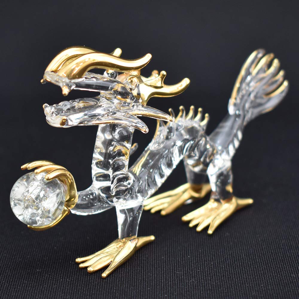 Fourcart Handmade Glass Feng Shui Purification Dragon with Ball, 4-inch x 3-Piece Set