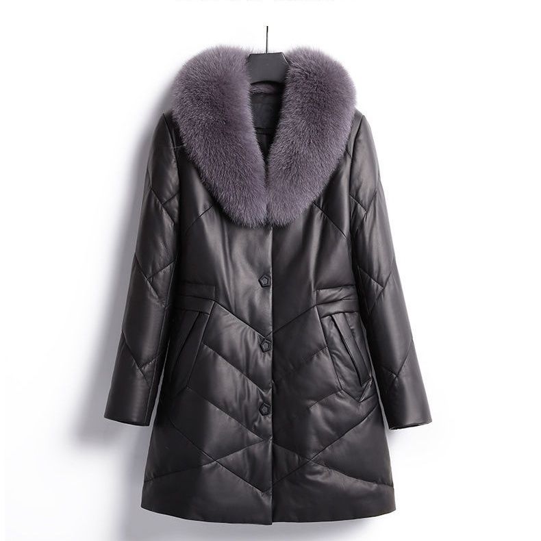 

Women s Winter Leather Padded Jacket Mid-Length V-Neck Thick Warm Cotton Jacket Loose Windproof Leather Padded Coat 4XL чорний