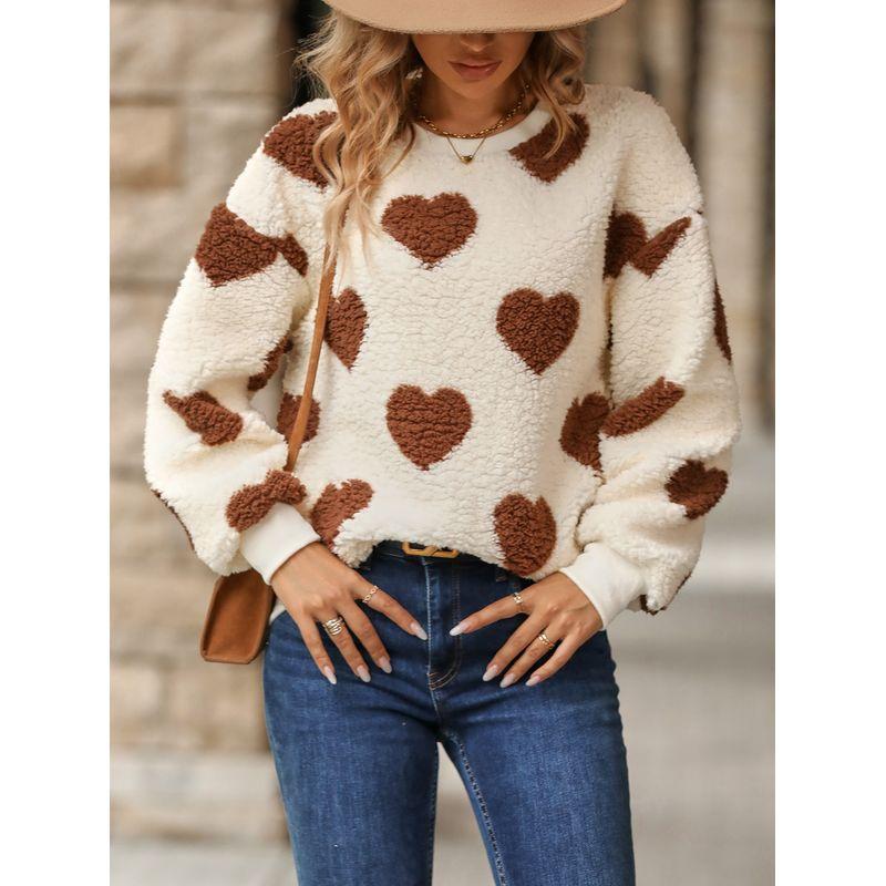 

2025 Plush Love Printed Loose Round Neck Hoodie Khakis Heart M