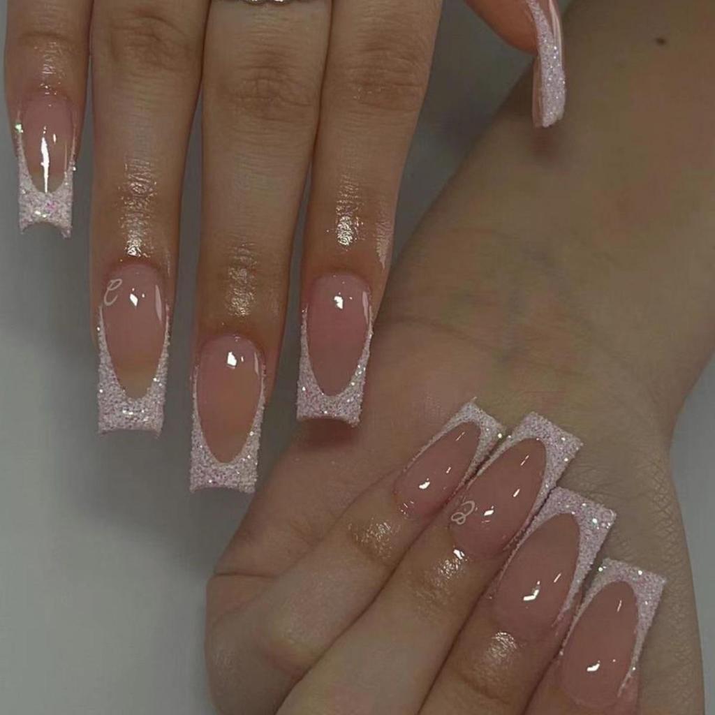 24-Pack Medium & Long White French Ballet False Nails with Glitter Powder