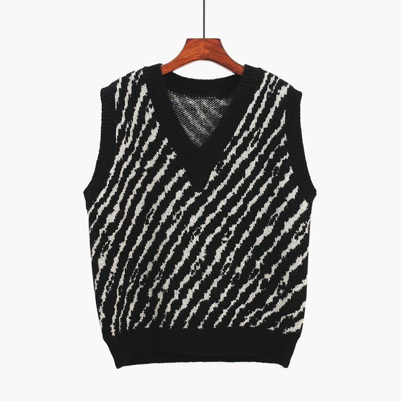 Fashion V-neck Women's Knitted Stripes Pullover Sweater Vest Outer Wear Spring and Autumn New Sleeveless Tank Tops Loose Casual Office Top