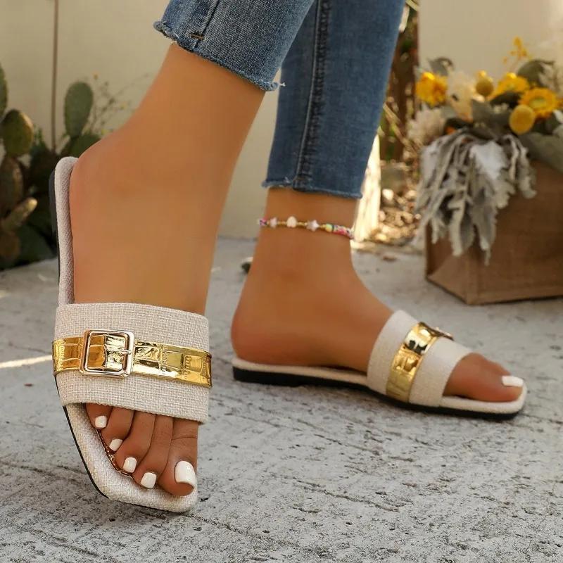 2025 Summer New Women's Open Toe Slippers Outdoor Mixed Color Square Toe Buckle Flat with Sandals Plus Size Daily Beach Slippers