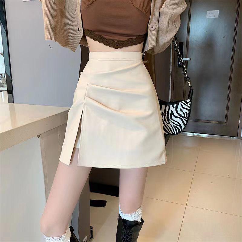 Women's High Waist Slit Pleated PU Mini Skirt - Slimming A-Line, Anti-Exposure, Hip-Hugging