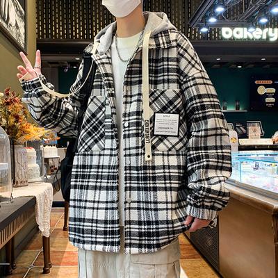 Autumn and Winter Cotton Thickened Hooded Jacket Men's Youth Hong Kong Style Loose Student Handsome Plaid Top