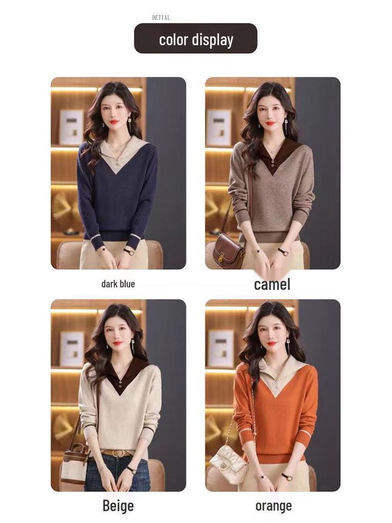 Nový stylový pletený svetr v barevných blocích - Dámský úzký top podzimní/zimní móda