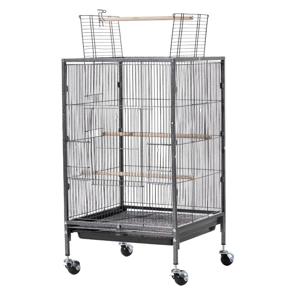Bird Cage, 460 x 460 x 770 mm, Open Flat Top, Wrought Iron Bird Flight Cage with Perches, Slide-Out Tray and Plastic Feeders, Casters, for Parrot,