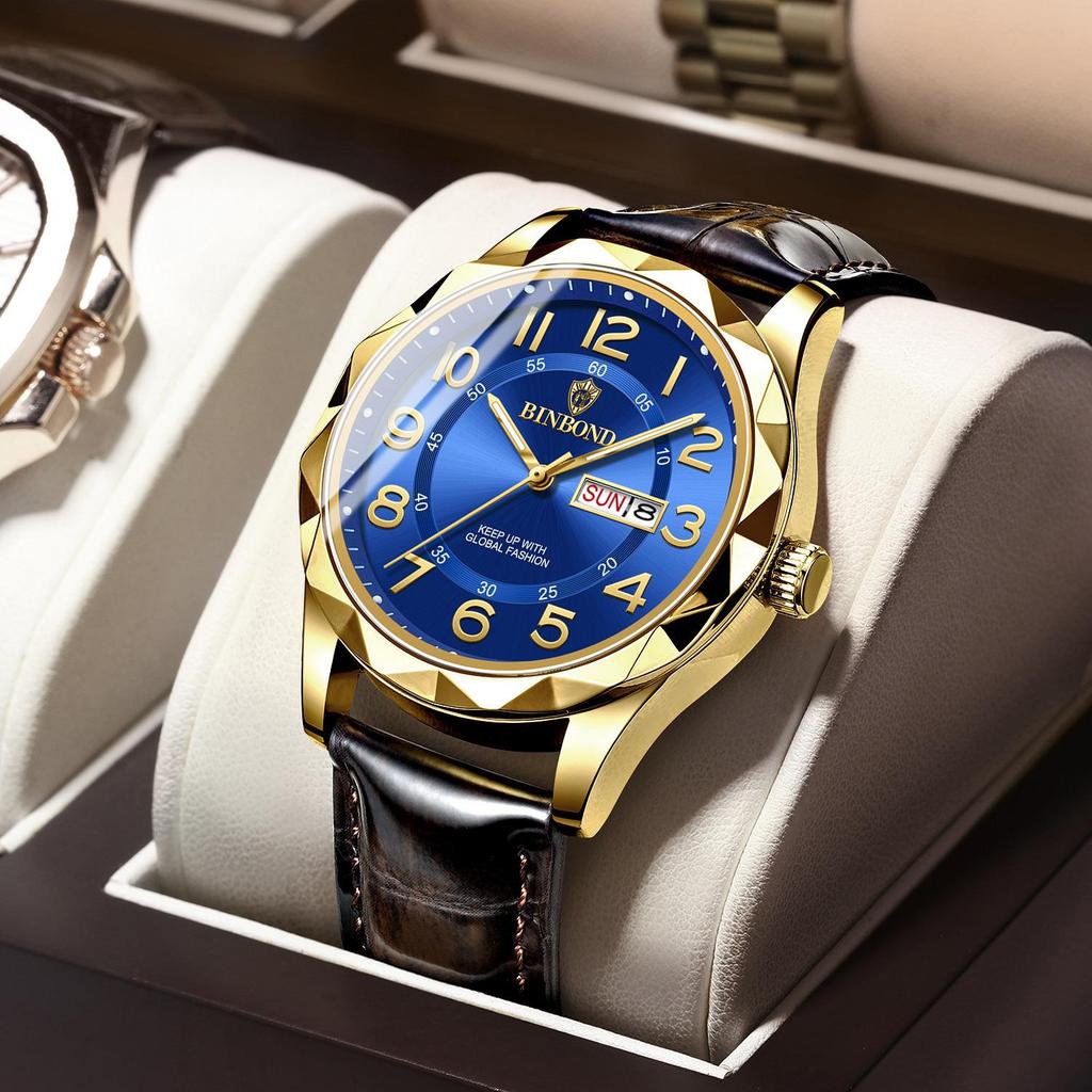 Binbang Ultra-thin Luminous Men's Quartz Watch - Automatic Movement, Waterproof with Calendar, Leather Strap, Business & Fashion Style.